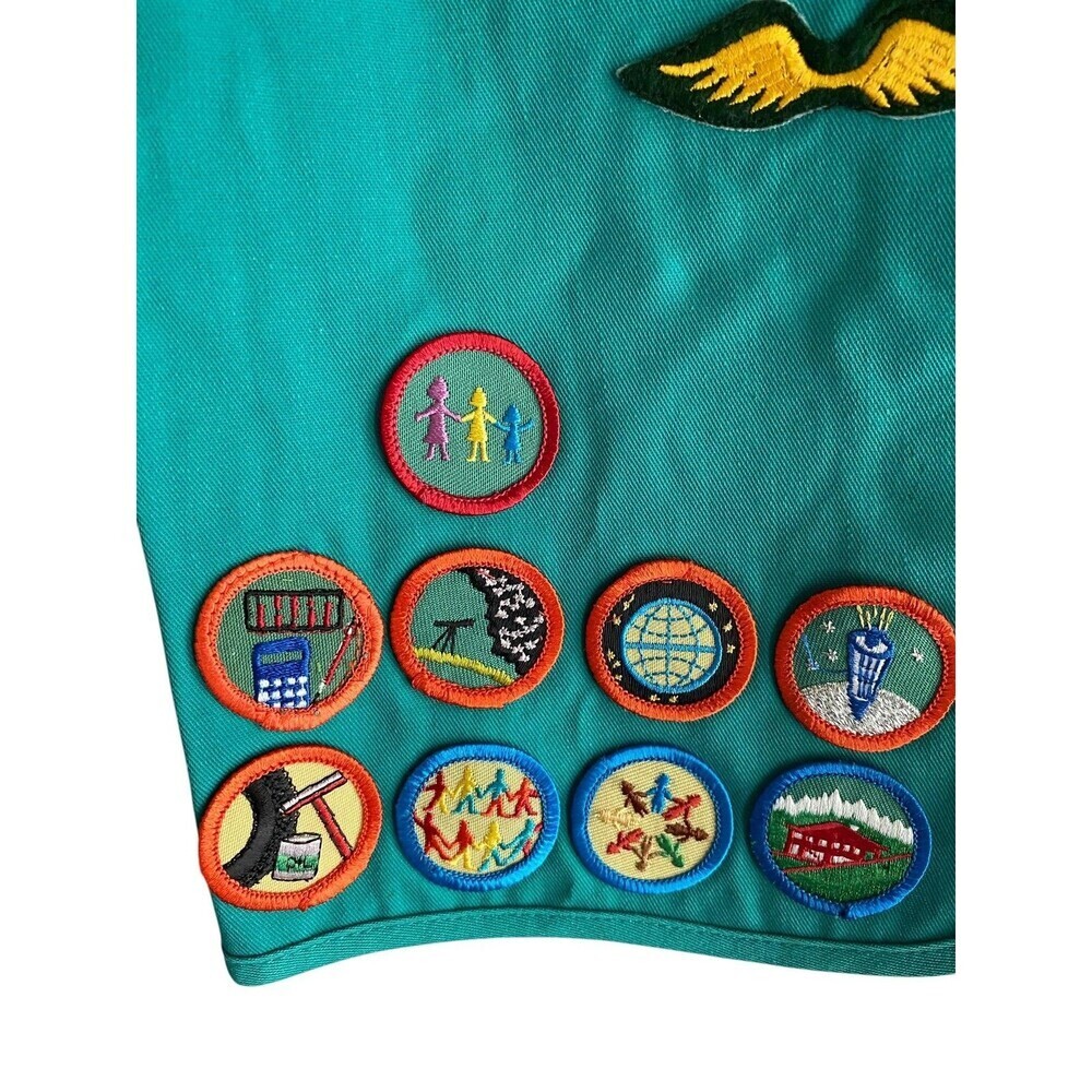 Vintage Girl Scouts Vest Girls Large Teal Green Uniform Patches Badges 90s - Picture 4 of 8